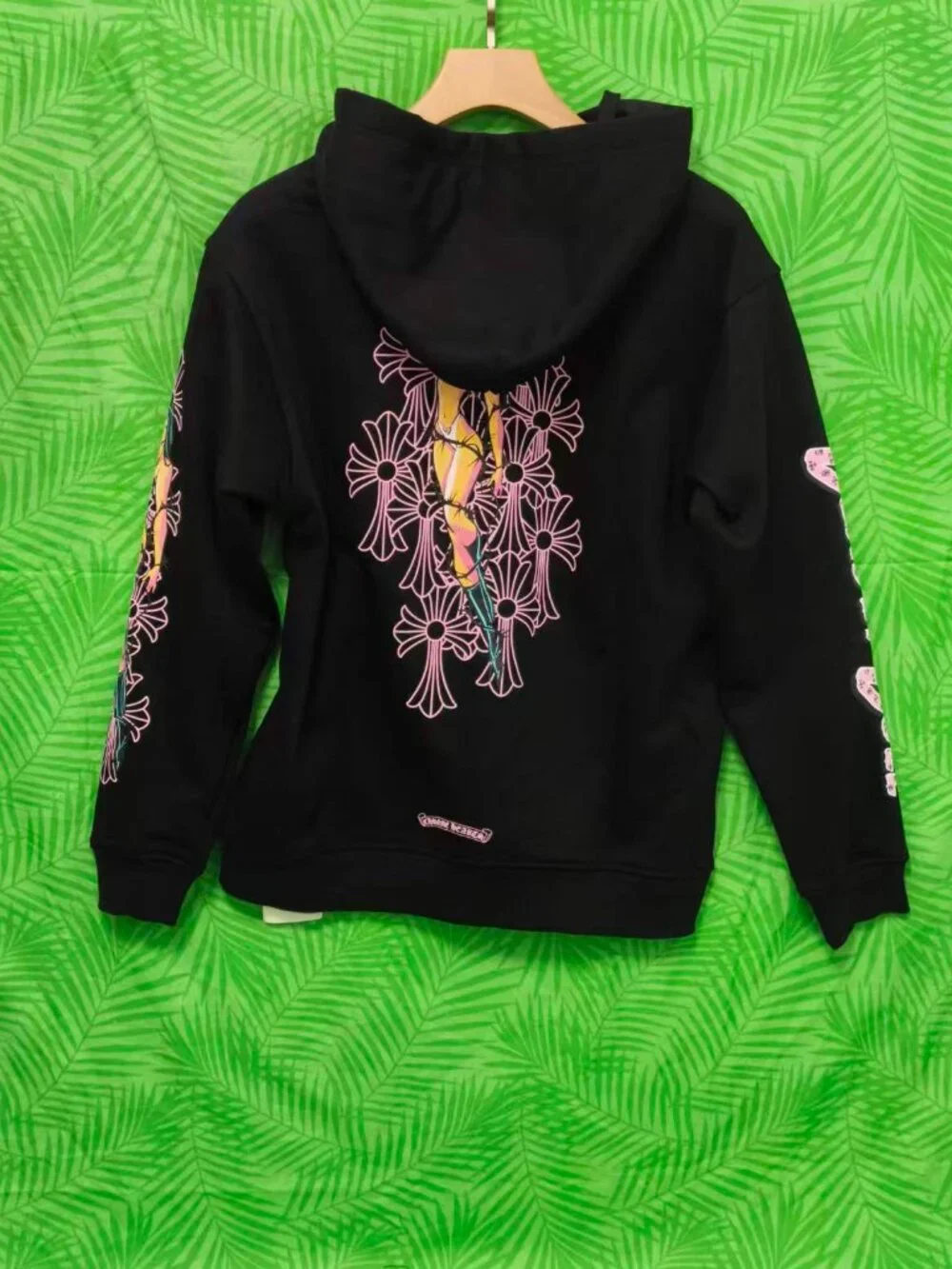New Chrome Hearts Black Full Zip Hoodie Pink Cross Print Unisex